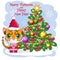 Cartoon tiger in a hat and scarf with a gift near the Christmas tree. Winter time. Children's style, sweetheart. Happy