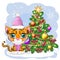 Cartoon tiger in a hat and scarf with a gift near the Christmas tree. Winter time. Children's style, sweetheart. Happy