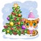 Cartoon tiger in a hat and scarf with a gift near the Christmas tree. Winter time. Children's style, sweetheart. Happy