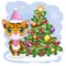 Cartoon tiger in a hat and scarf near the Christmas tree. Children's style, sweetheart. The symbol of the New Year 2022