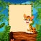 Cartoon tiger sitting on hollow log near the empty framed signboard