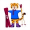 Cartoon tiger stands with skis, symbol of the year, vector isolated on a white background