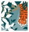 Cartoon tiger walking in a jungle. Stock vector illustration. Rainforest inhabitants.