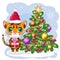 Cartoon tiger wearing a santa hat holding a gift by the christmas tree. Children's style, sweetheart. Symbol of the year