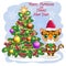 Cartoon tiger wearing a santa hat holding a gift by the christmas tree. Children's style, sweetheart. Symbol of the year