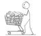 Cartoon of Tired Man or Businessman Pushing Shopping Cart Full of Goods