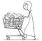 Cartoon of Tired Woman or Businesswoman Pushing Shopping Cart Full of Goods