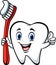 Cartoon tooth holding a tooth brush giving thumb up