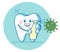 Cartoon tooth holds sanitizer spray for disinfecting contact surfaces from the virus.