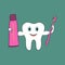 A cartoon tooth holds a toothbrush and toothpaste