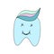 Cartoon tooth mascot with a toothpaste. Crazy character, hand drawn vector illustration isolated on white background