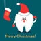 Cartoon tooth in Santa hat with a sock. Merry Christmas!