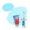 Cartoon toothpaste tube and electric ultrasound toothbrush smiling mascots.Hygiene and dental care characters with dummy speech bu