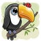 Cartoon Toucan with ladybug is sitting on a branch