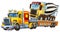 Cartoon tow truck driving with car concrete mixer