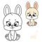 Cartoon toy beige soft rabbit sit on white background outlined and color for coloring book