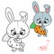 Cartoon toy soft rabbit with carrot in hands outlined and color for coloring book