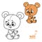 Cartoon toy teddy bear sit on white background outlined and color for coloring book