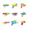 Cartoon Toy Water Guns Color Icons Set. Vector