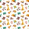 Cartoon toys pattern. Seamless print with kid colorful toys, cute baby transport animals and puzzle games. Vector