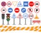 Cartoon traffic light and road signs for kids safety. Caution and warning signals for cars and pedestrians. Traffic