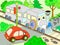 Cartoon train and car for children color raster illustration