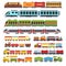 Cartoon trains. Kids toys train with wagons, childrens railway vector Illustration set
