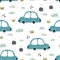Cartoon transportation background for children Seamless Vector Pattern Cars With clump of grass Children`s style hand-drawn design