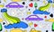 Cartoon Transportation Background for Kids with doodle Toy Cars and Nature with beep text ,cloud,rainbow and Trees