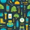 Cartoon Traveling Camping and Hiking Background Pattern on a Blue. Vector