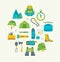 Cartoon Traveling Camping and Hiking Round Design Template Icons Set. Vector