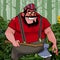 Cartoon treacherous man big guy with an ax in the woods