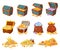 Cartoon treasure chests, piles of gold and jewels, pirate treasures. Bag with diamonds, open wooden chest with coins and