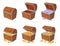 Cartoon treasure piles with coins, jewels, gems and gold bars. Pirate treasures, pile of gold, precious stones, wooden chest,