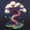 a cartoon tree with a snake crawling around it\\\'s trunk and a sky background with clouds and stars