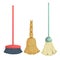 Cartoon trendy broom icons set. Vintage natural and modern plastic brooms.
