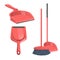 Cartoon trendy cleaning service icons set. Modern red plastic broom