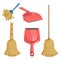 Cartoon trendy cleaning service icons set. Natural broom
