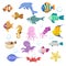 Cartoon trendy colorful reef animals big set. Fishes, mammal, crustaceans. Dolphin and shark, octopus, crab, starfish, jellyfish.
