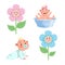 Cartoon trendy design babies sticker icons. Boy and girls faces flowers, washing baby in basin and crawl baby.