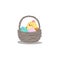 Cartoon trendy design basket with easter colorful and painted eggs and newborn boy chick. Pic