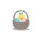 Cartoon trendy design basket with easter colorful and painted eggs and newborn girl chick. Decorative vector illustration icon.