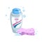 Cartoon trendy design blue container with liquid soap with pink bath sponge icon. Shower gel. Hygiene and body care vector illustr