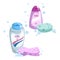 Cartoon trendy design blue and pink containers with liquid soap and different colors bath sponges icons set. Shower gel. Hygiene