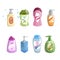 Cartoon trendy design different color bath and cosmetic bottles icons set. Shower gel and liquid soap