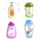 Cartoon trendy design different color bottles icons set. Shower gel and liquid soap
