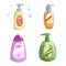 Cartoon trendy design different color bottles icons set. Shower gel and liquid soap