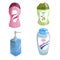Cartoon trendy design different color bottles icons set. Shower gel and liquid soap vector illustrations.
