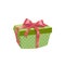 Cartoon trendy design green polka dotted gift box with red ribbon and bow. Birthday and Christmas vector icon.