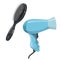 Cartoon trendy design hair styling equipment tool set. Black massage detangler hair brush for styling and electric hairdryer. Vect